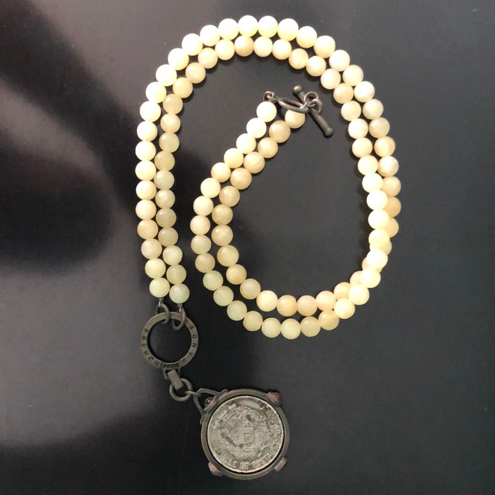 Golden bead necklace & spiked beveled French coin